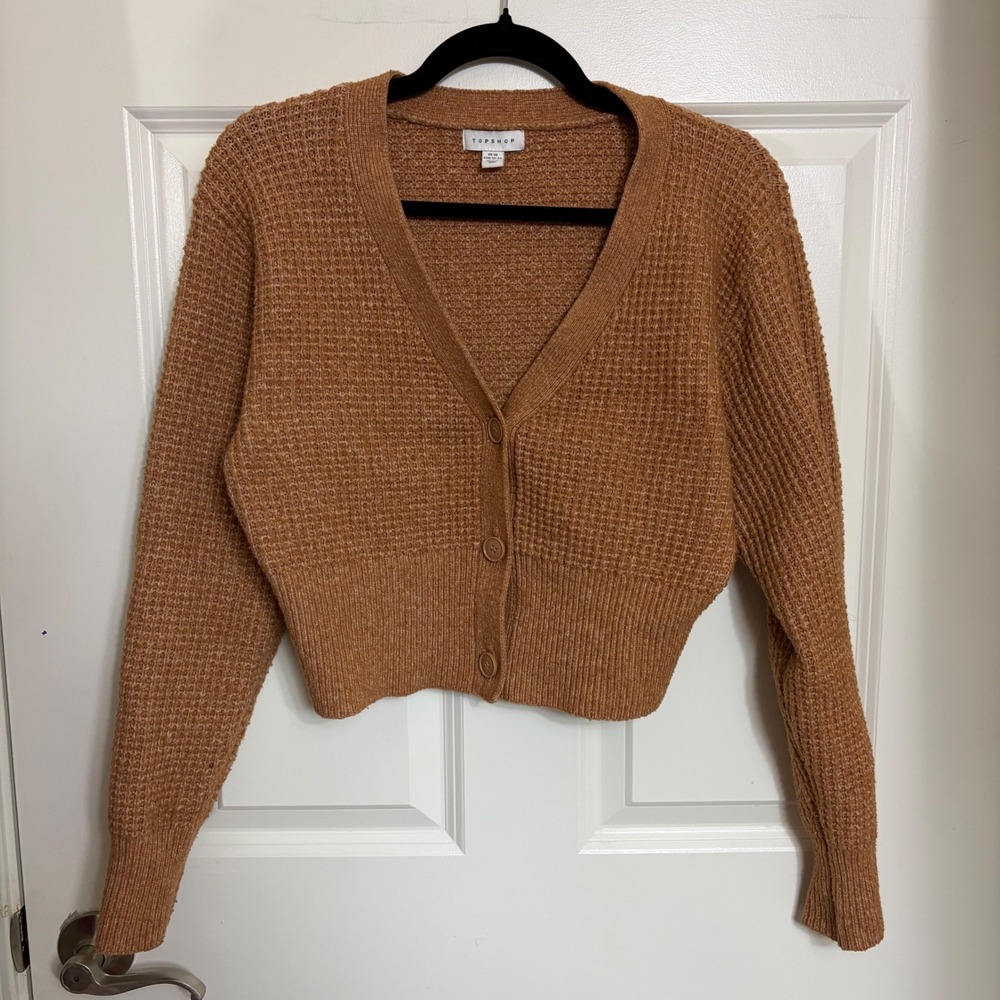Topshop Waffle Knit Cropped Cardigan Sweater Brown V-Neck Button Front XS US 0-2